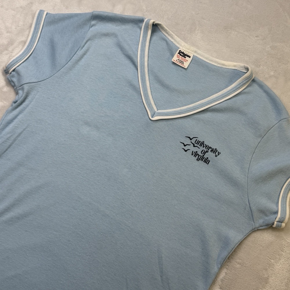 Vintage 70s Collegiate Pacific UVA Ringer Tee Womens XL V Neck USA‎